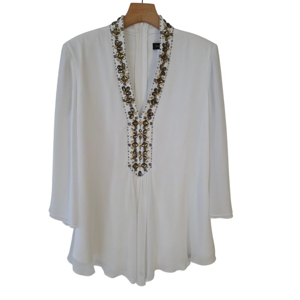 Tadashi Shoji Embellished Blouse Jewel Neck Ivory Mesh Layered Top  Sz 12‎
